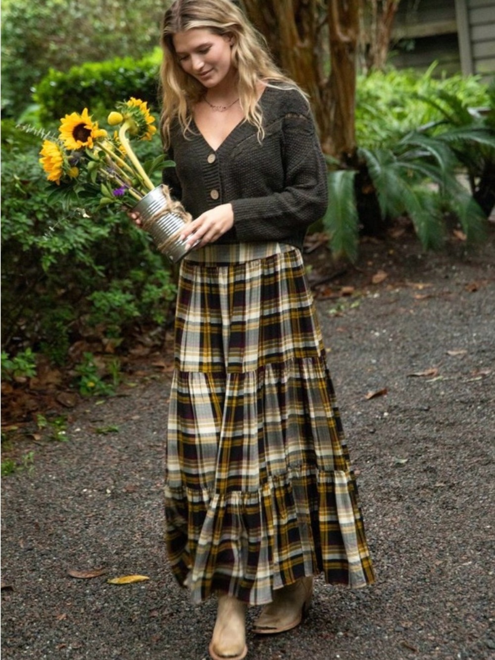 NATURAL LIFE Hanna Plaid Tiered Maxi Skirt